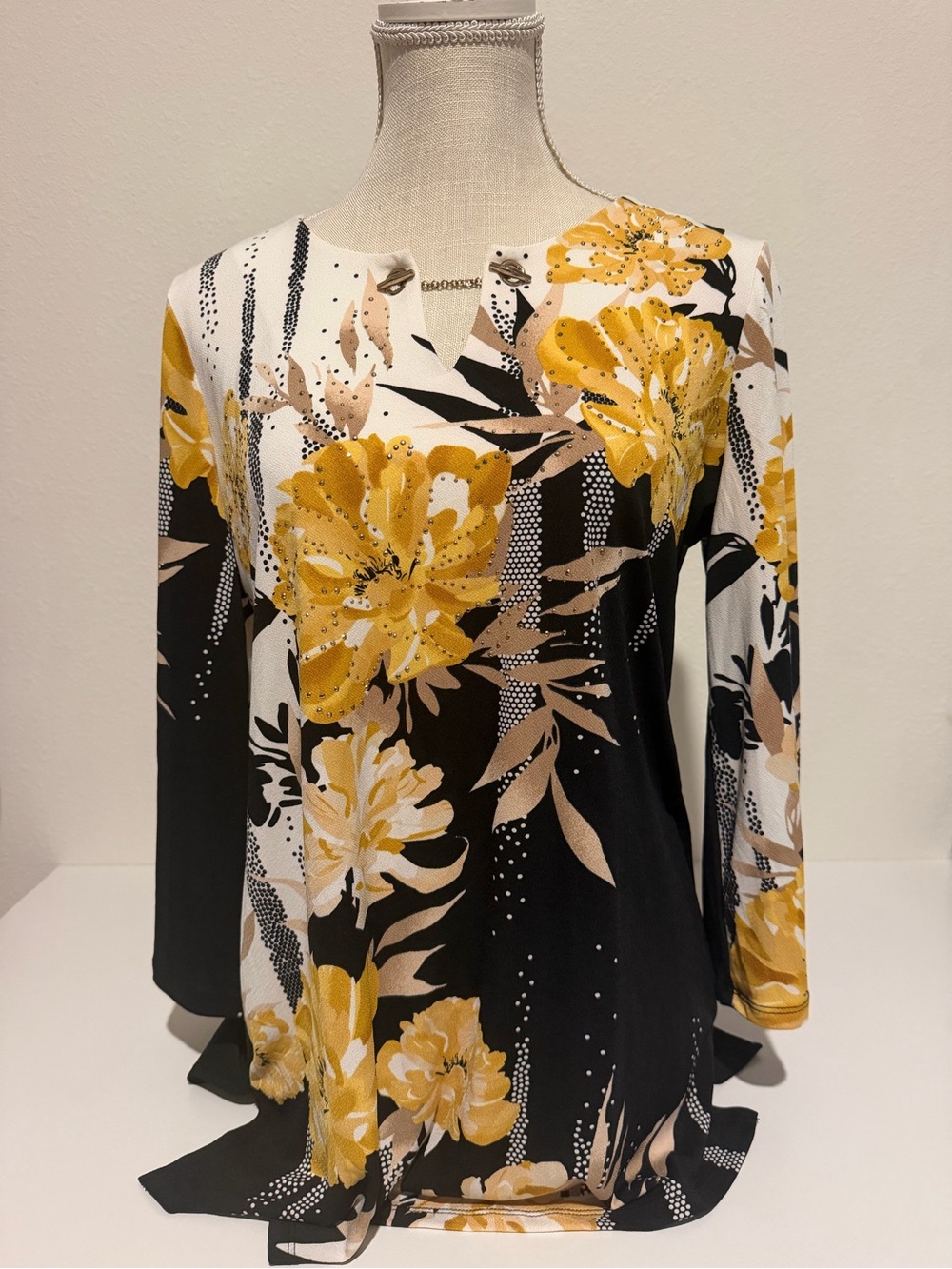JM Collection Black, Yellow & Cream Floral Long-Top